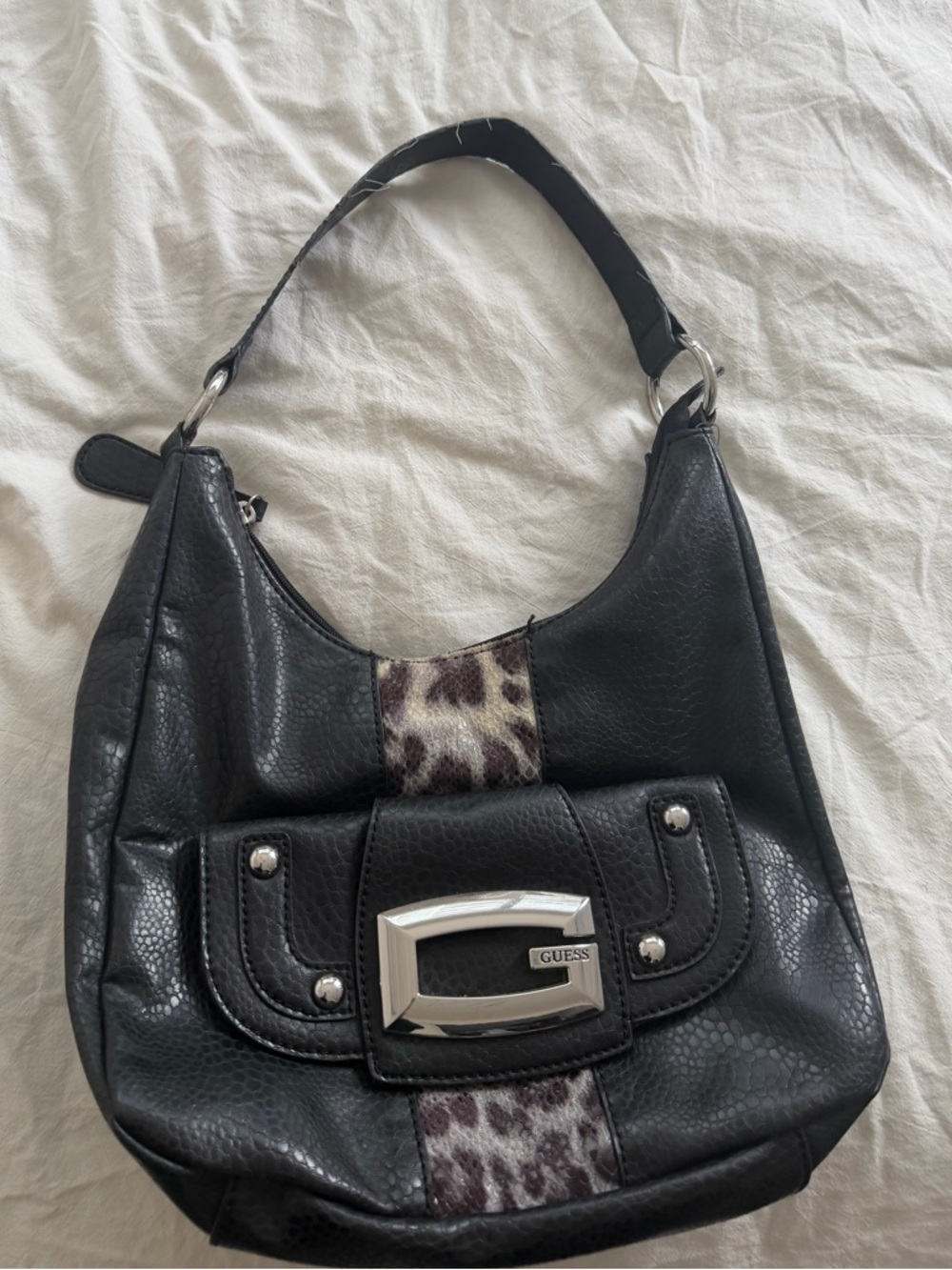 Guess Black Leather Shoulder Bag with Leopard Accent